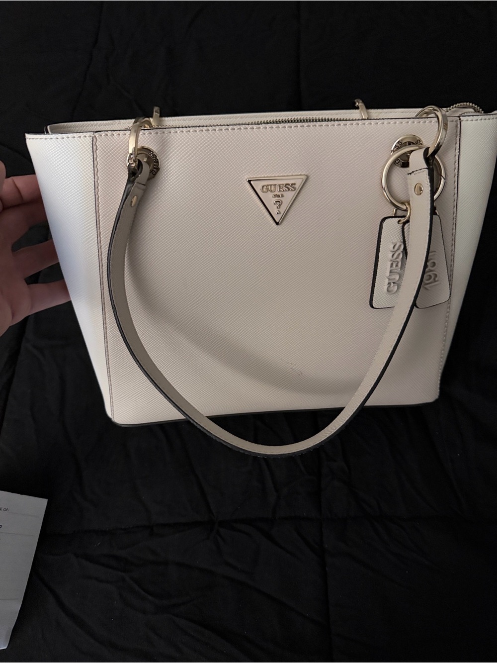 GUESS Cream Saffiano Tote with Gold Hardware